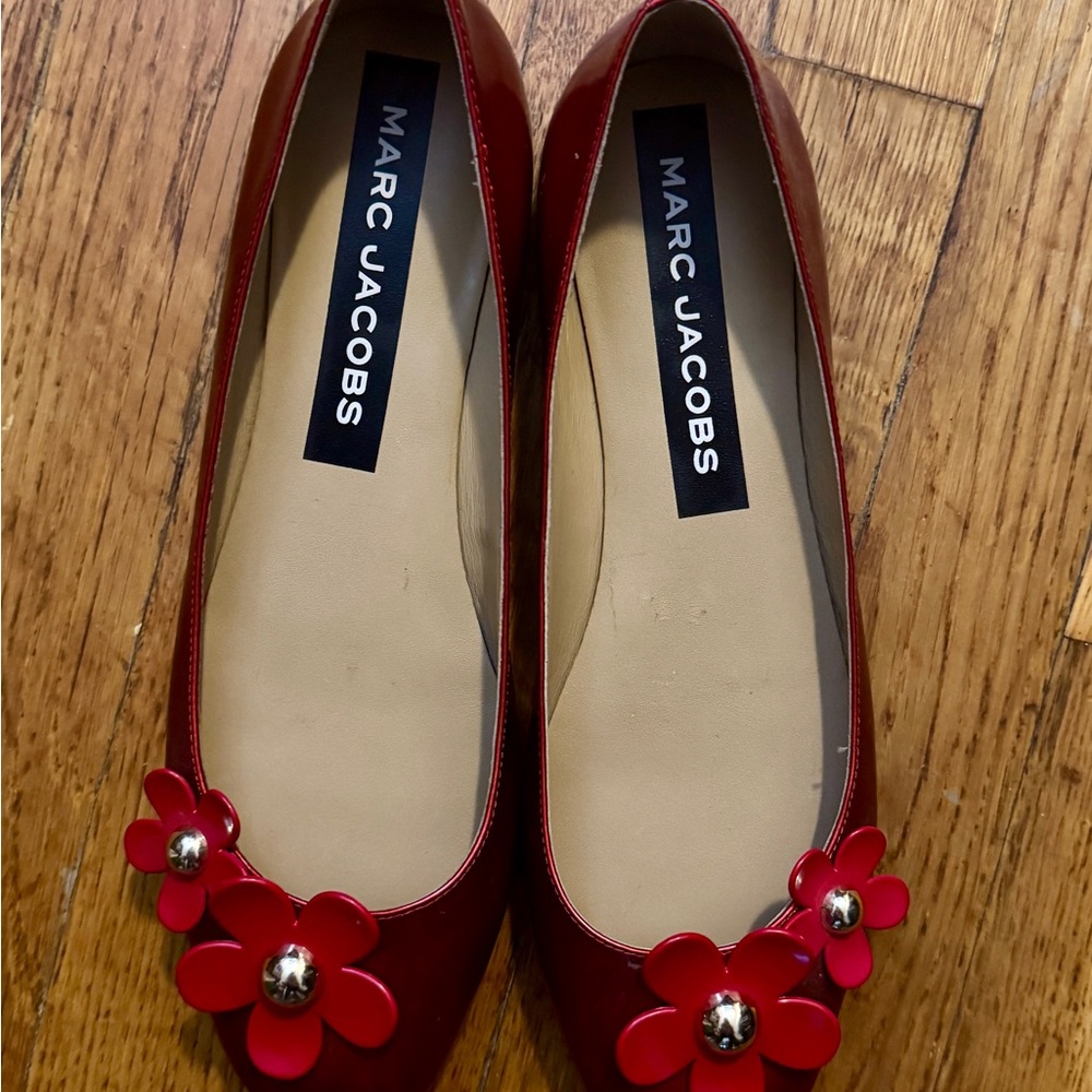 Brand New Marc Jacobs Red Floral Ballet Flats with Sparkling Embellishments